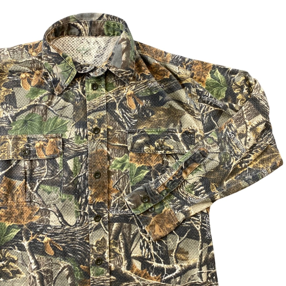 Vintage Cabelas Mens M Seclusion 3D Camo Mesh Hunting Button Up Shirt Y2K